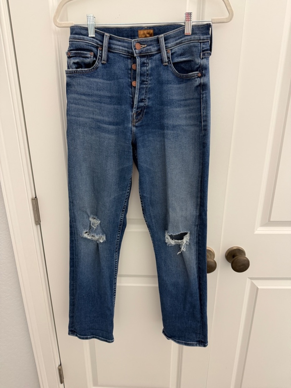 MOTHER Distressed Straight-Leg Jeans in Medium Blue